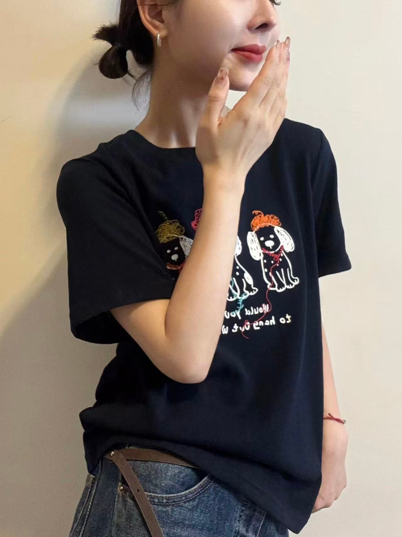 만화 귀여운 모자 착용 강아지 프린트 반팔 티셔츠 여성 여름 새로운 라운드 넥 동정 기본 셔츠 인사이드 잡아라. 의류 이미지 2