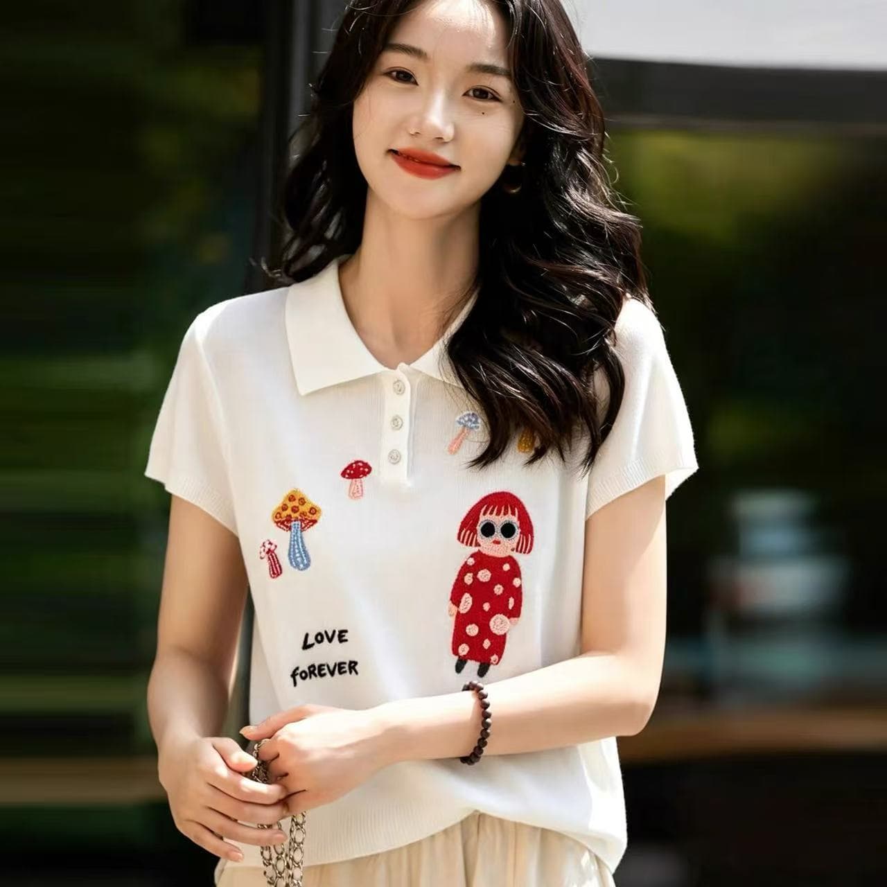 2026 여름 어린애 같은 자수 뽕나무 누에 실크 니트 반팔 티셔츠 여성 polo 폴로 칼라 주간 실크 맨위 상세 이미지 4