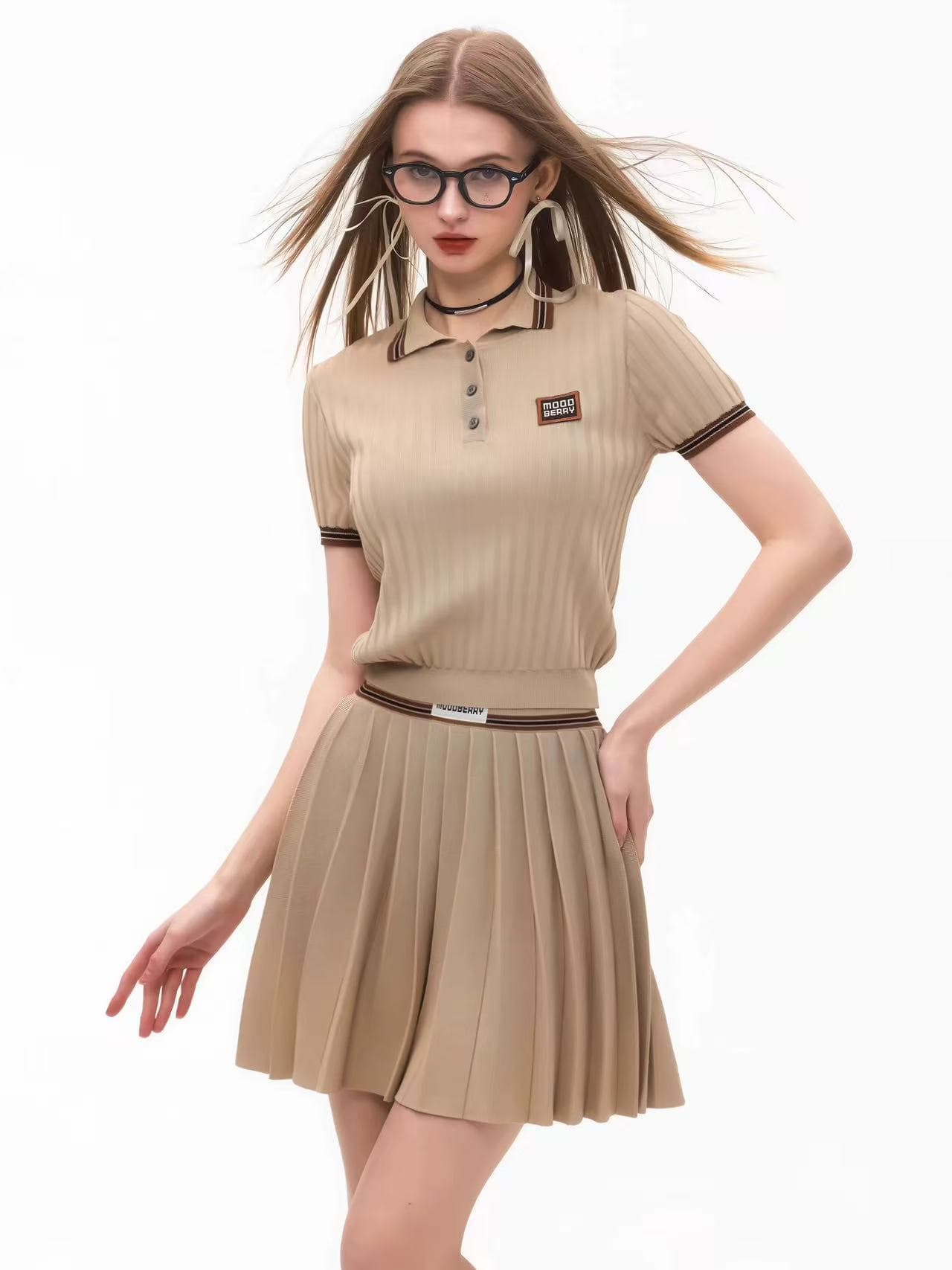 아메리칸 miu 부서 학원 스타일 세트 여성 여름 회색 POLO 칼라 니트 반팔 티셔츠 한 마디 플리츠 반신 스커트 상세 이미지 5