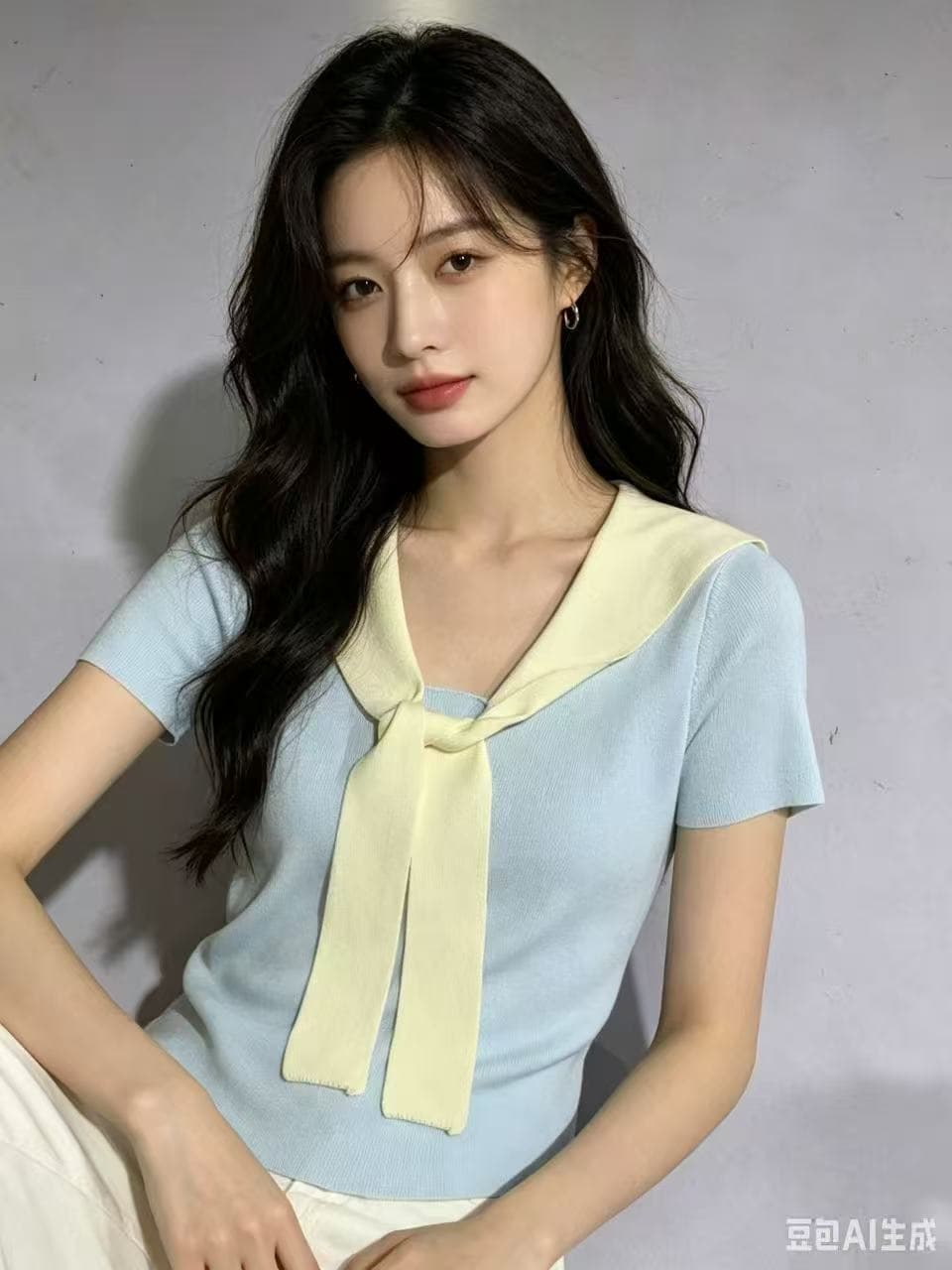 한 부서 V넥 리본 반팔 니트 스웨터 여성 여름 새로운 페이크 레이어드 디자인 센스 몸매 가꾸기 슬림해 보이는 품격 맨위