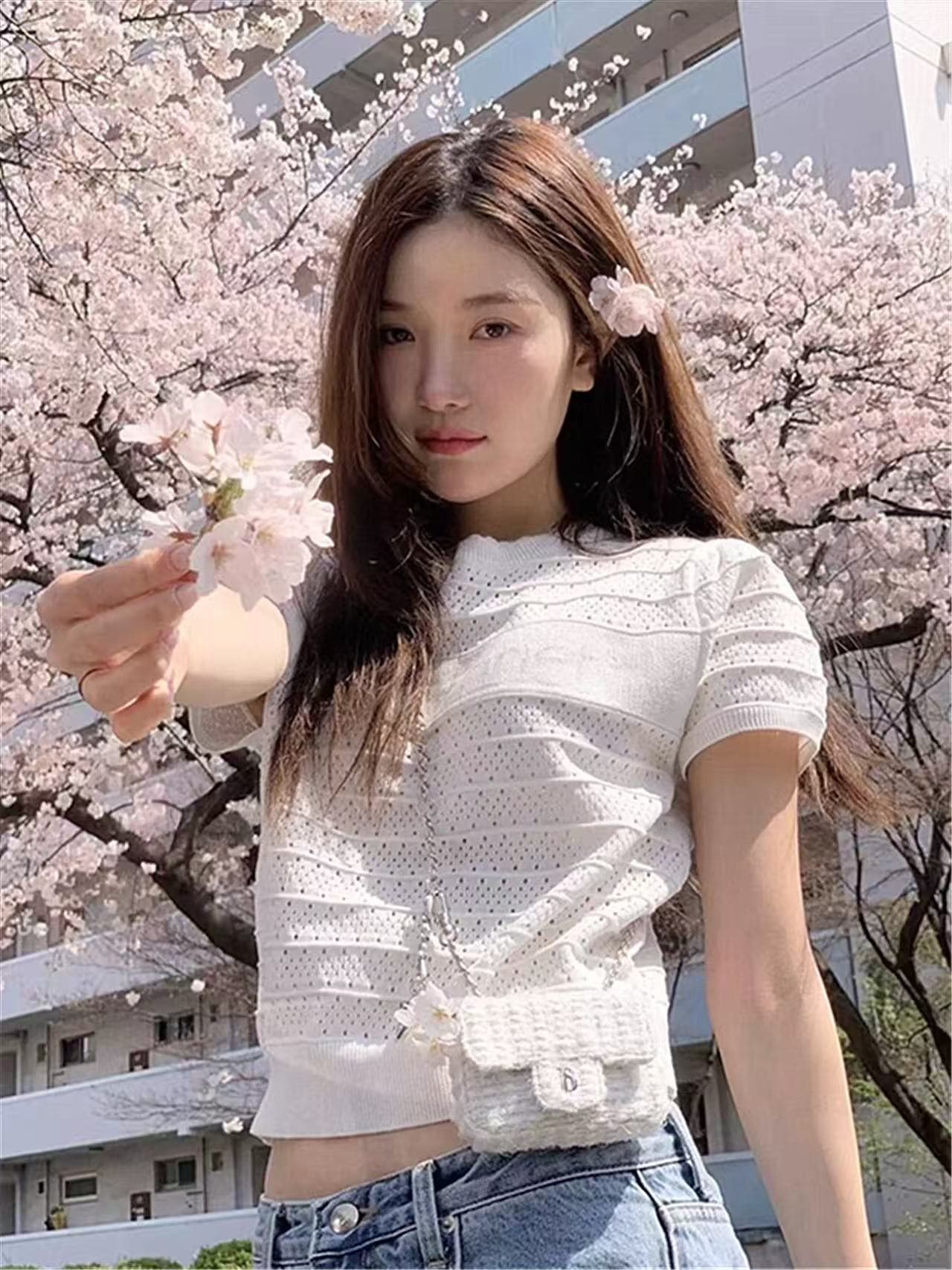 프랑스식 달콤한 스타일 자카드 홀로우 아웃 반팔 니트 스웨터 여성 여름 작은 키 착용 가져 가라. 고유 한 아름다운 쇼트 스타일 맨위 이미지 3