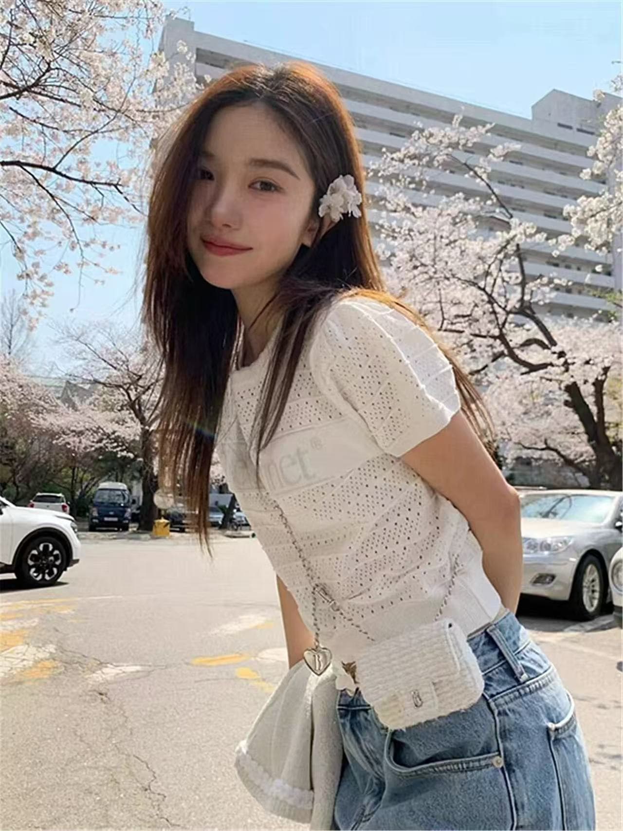 프랑스식 달콤한 스타일 자카드 홀로우 아웃 반팔 니트 스웨터 여성 여름 작은 키 착용 가져 가라. 고유 한 아름다운 쇼트 스타일 맨위 상세 이미지 2