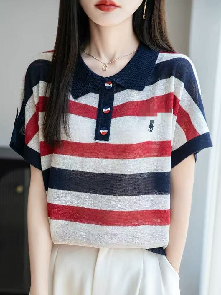 레트로 스트라이프 POLO 칼라 대나무 마디 마 니트 반팔 여성 2026 봄 여름 얇은 스타일 차가운 센스 배색 티셔츠 맨위