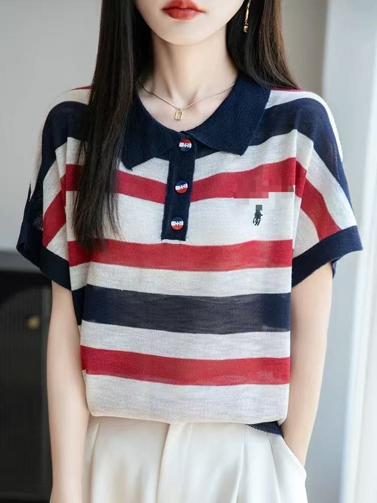 레트로 스트라이프 POLO 칼라 대나무 마디 마 니트 반팔 여성 2026 봄 여름 얇은 스타일 차가운 센스 배색 티셔츠 맨위 상세 이미지 3