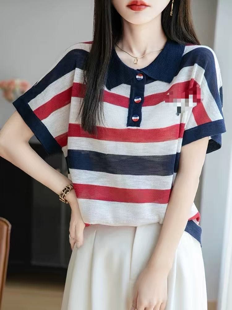 레트로 스트라이프 POLO 칼라 대나무 마디 마 니트 반팔 여성 2026 봄 여름 얇은 스타일 차가운 센스 배색 티셔츠 맨위 상세 이미지 5
