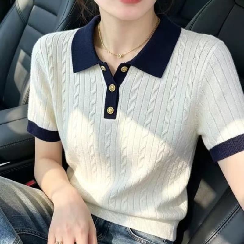 자이언트 잘 생긴 얼음 실크 POLO 셔츠 티셔츠 여성 여름 얇은 스타일 작은 키 꽈배기 니트 반팔 폴로 칼라 쇼트 스타일 맨위 이미지 5