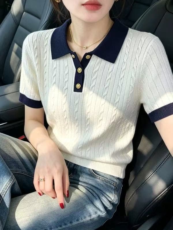 자이언트 잘 생긴 얼음 실크 POLO 셔츠 티셔츠 여성 여름 얇은 스타일 작은 키 꽈배기 니트 반팔 폴로 칼라 쇼트 스타일 맨위 상세 이미지 1