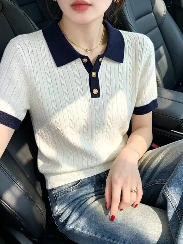 자이언트 잘 생긴 얼음 실크 POLO 셔츠 티셔츠 여성 여름 얇은 스타일 작은 키 꽈배기 니트 반팔 폴로 칼라 쇼트 스타일 맨위 상세 이미지 4