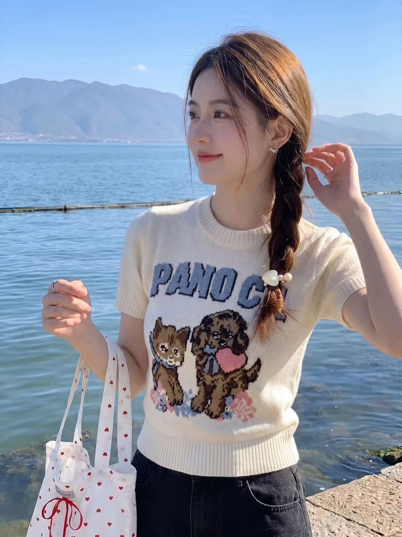 레트로 어린애 같은 자카드 반팔 니트 스웨터 여성 2026 여름 새로운 아메리칸 핫걸 티셔츠 몸매 가꾸기 슬림해 보이는 맨위 상세 이미지 2