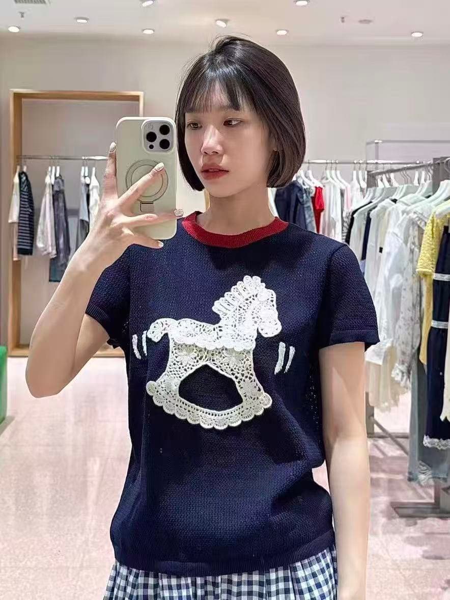 아모이 패션 만화 재미있는 자수 배색 라운드 넥 반팔 얇은 스타일 니트 스웨터 티셔츠 맨위 여성 상세 이미지 1