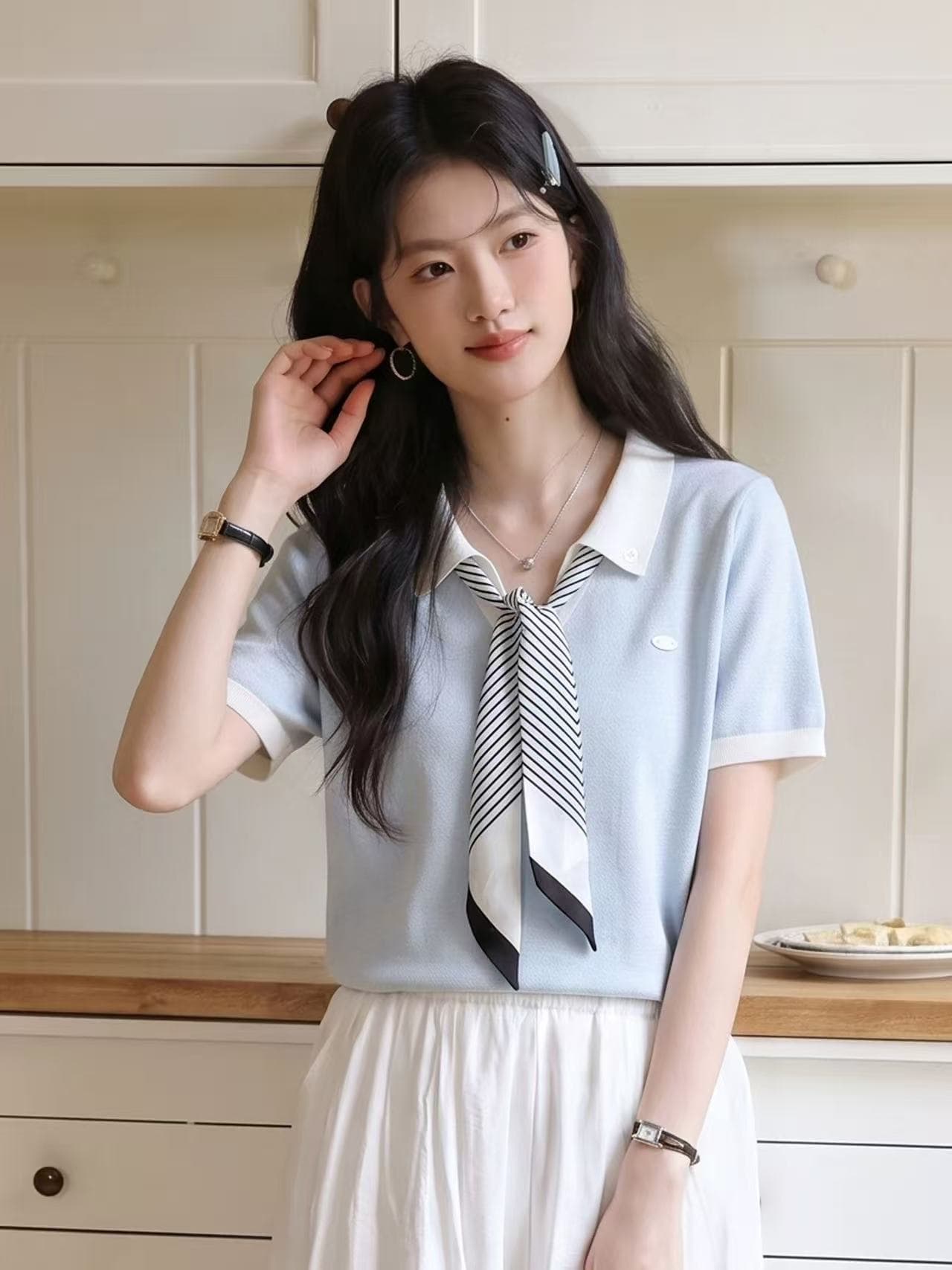 뮤 토끼 한 부서 스카프 POLO 칼라 반팔 니트 스웨터 여성 2026 여름 새로운 작은 키 캐주얼 얇은 스타일 맨위 상세 이미지 3