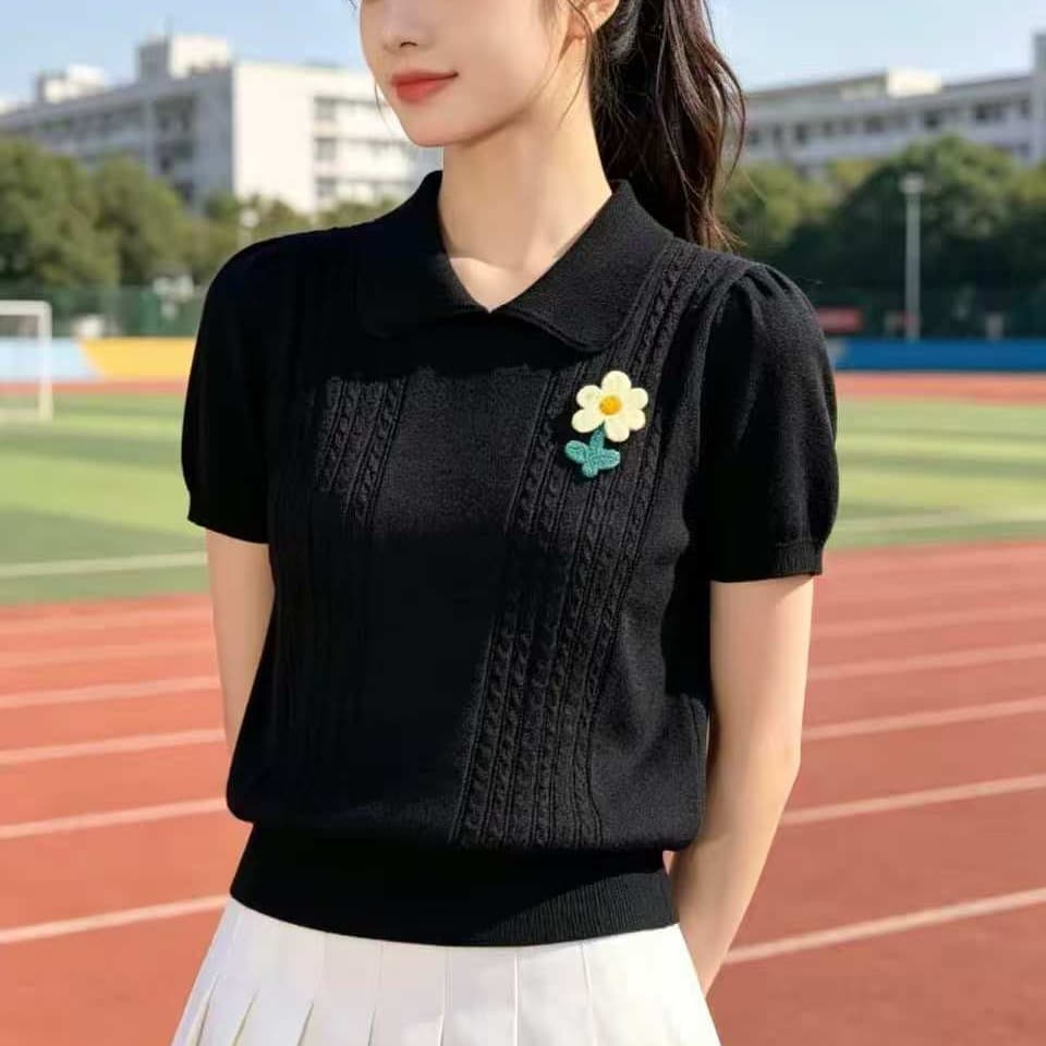 한 부서 꽈배기 자수 polo 반팔 긍정적 인 어깨 니트 스웨터 티셔츠 여성 여름 고급 센스 고유 한 Chic 쇼트 스타일 맨위 이미지 5