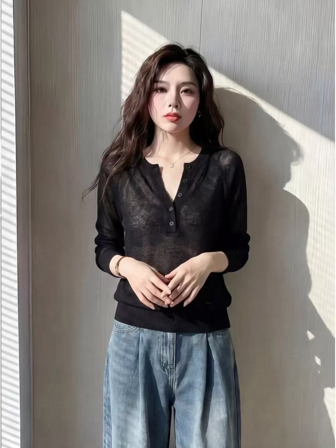 검정색 마이크로 ~을 통해 홀로우 아웃 V넥 자외선 차단 니트 블라우스 여성 여름 Tulle 루즈핏 고유 한 아름다운 그레이트 봐. 의류 이미지 2