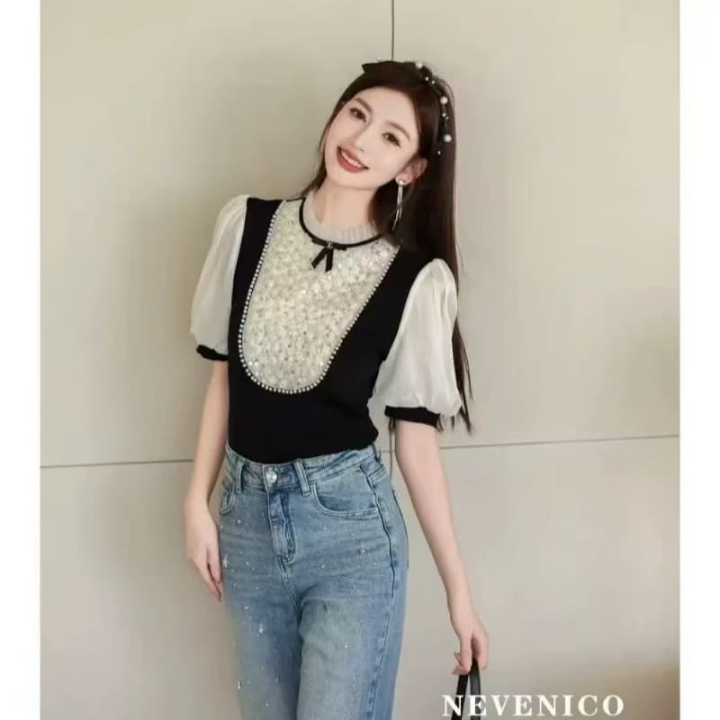 비즈 박기 품격 프릴 칼라 무거운 작업 다이아몬드 세팅 반팔 페이크 레이어드 니트 스웨터 품격 맨위 가을 새로운 여성 상세 이미지 3