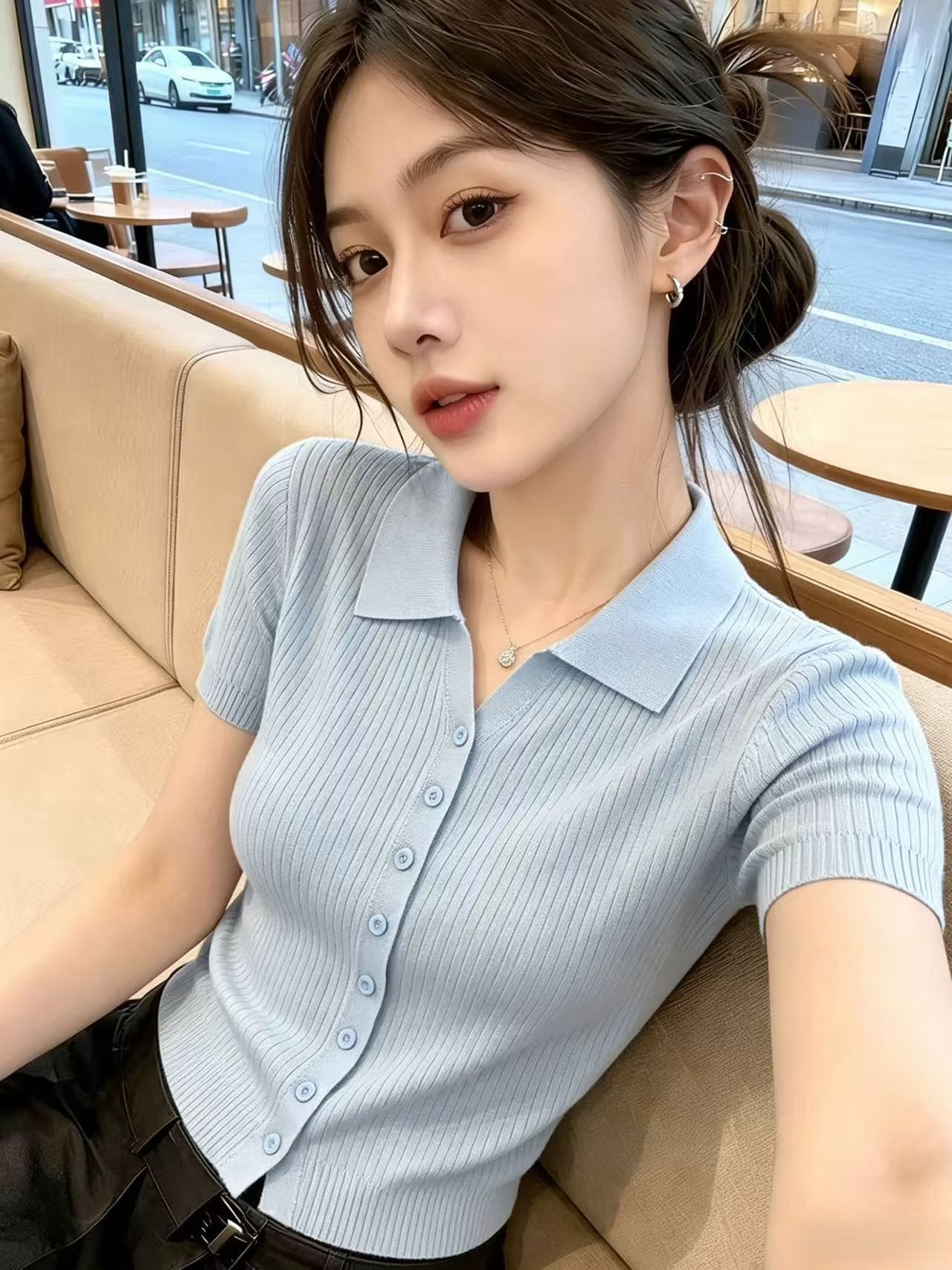 한 부서 POLO 칼라 구덩이 기사 싱글 줄 버튼 반팔 니트 오픈 가디건 여성 2026 여름 새로운 몸매 가꾸기 슬림해 보이는 맨위 트렌디 이미지 4