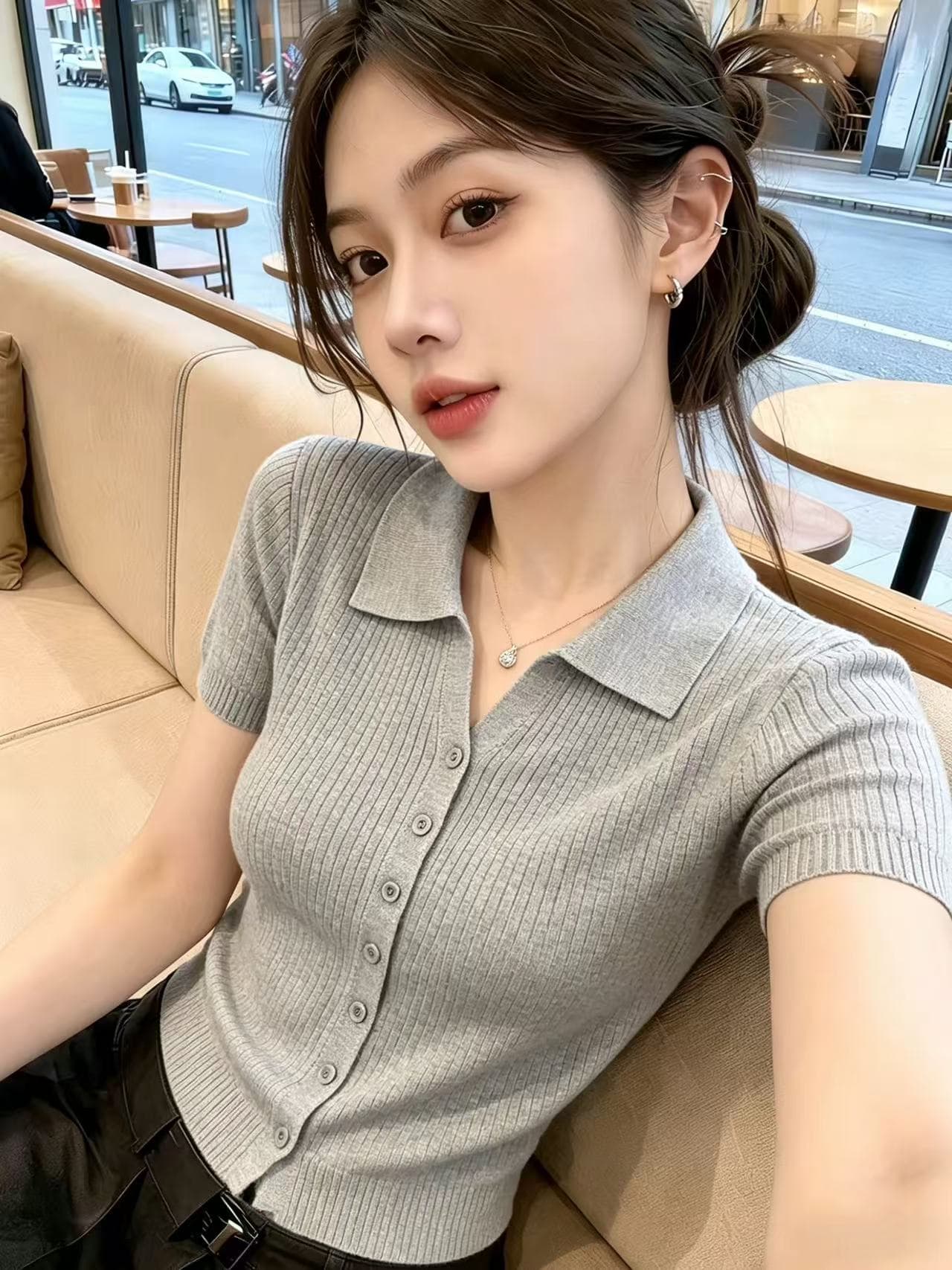 한 부서 POLO 칼라 구덩이 기사 싱글 줄 버튼 반팔 니트 오픈 가디건 여성 2026 여름 새로운 몸매 가꾸기 슬림해 보이는 맨위 트렌디 상세 이미지 1