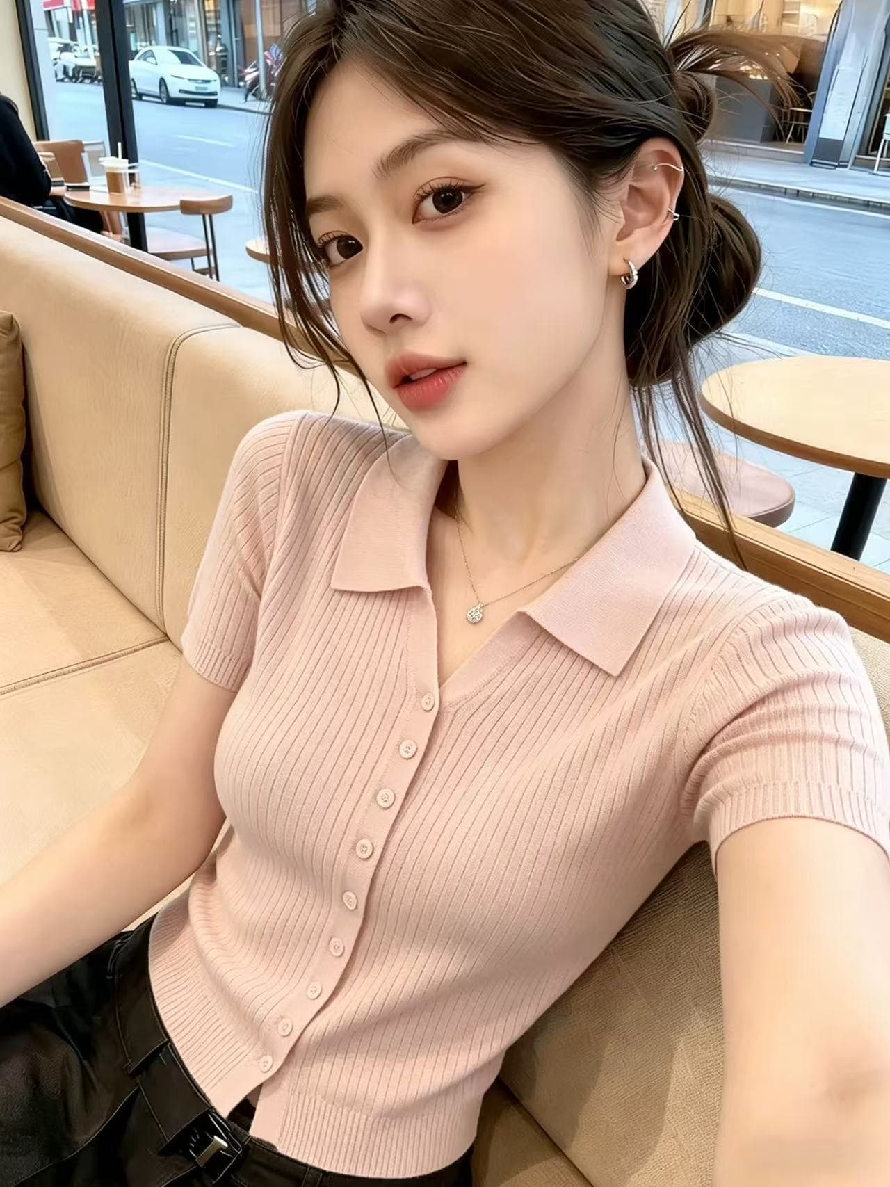 한 부서 POLO 칼라 구덩이 기사 싱글 줄 버튼 반팔 니트 오픈 가디건 여성 2026 여름 새로운 몸매 가꾸기 슬림해 보이는 맨위 트렌디 상세 이미지 2