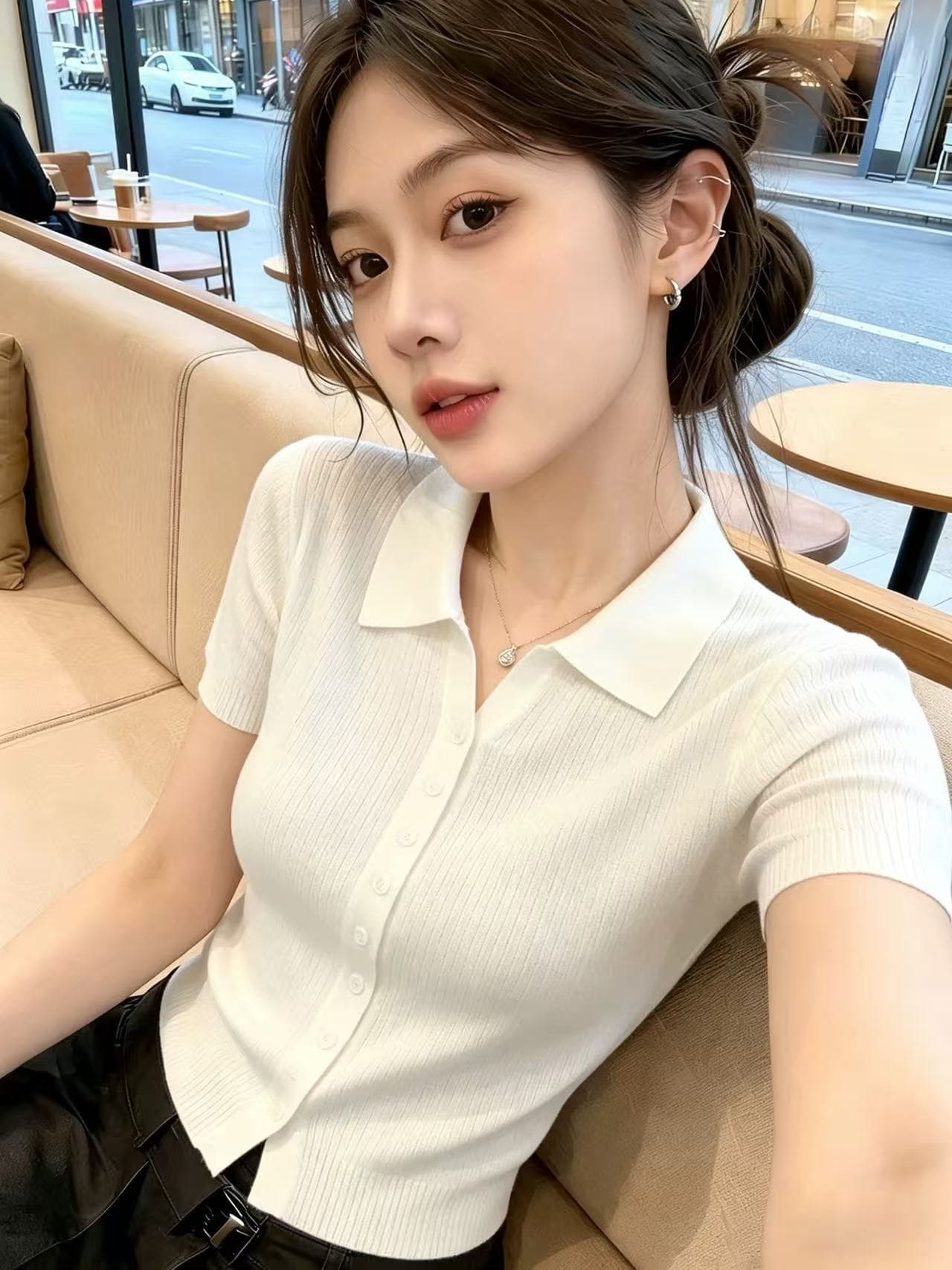 한 부서 POLO 칼라 구덩이 기사 싱글 줄 버튼 반팔 니트 오픈 가디건 여성 2026 여름 새로운 몸매 가꾸기 슬림해 보이는 맨위 트렌디 상세 이미지 3