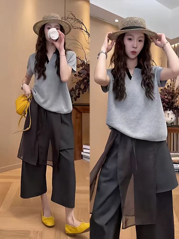 玖 위로 하나 玖 26 새로운 작은 대중 디자인 익스트림 제인 바람 배색 폴로 칼라 니트 반팔 티셔츠 이미지 4