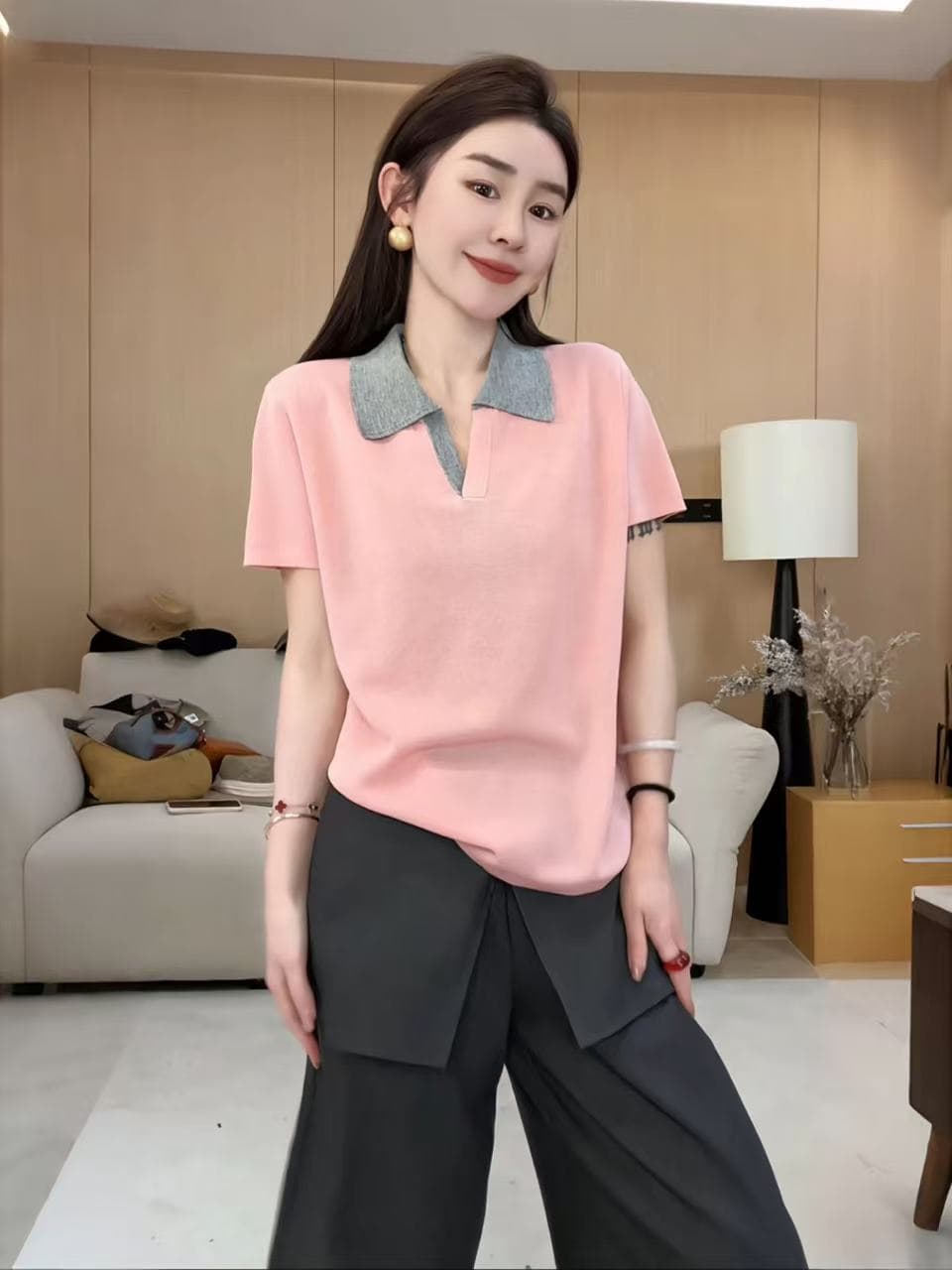 玖 위로 하나 玖 26 새로운 작은 대중 디자인 익스트림 제인 바람 배색 폴로 칼라 니트 반팔 티셔츠 상세 이미지 2