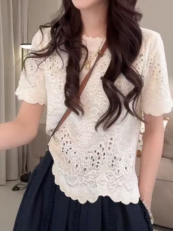 화이트 자수 홀로우 아웃 반팔 니트 스웨터 여성 여름 한 부서 티셔츠 2026 새로운 고유 한 연령 감소 품격 맨위 상세 이미지 1