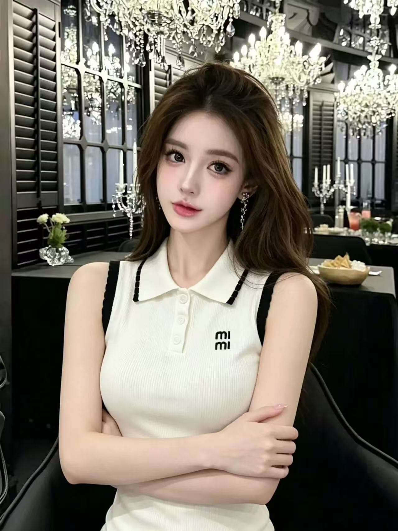 lym studio 한 부서 학원 스타일 POLO 칼라 민소매 티셔츠 여성 화이트 폴로 칼라 슬림해 보이는 다용도 맨위 상세 이미지 3