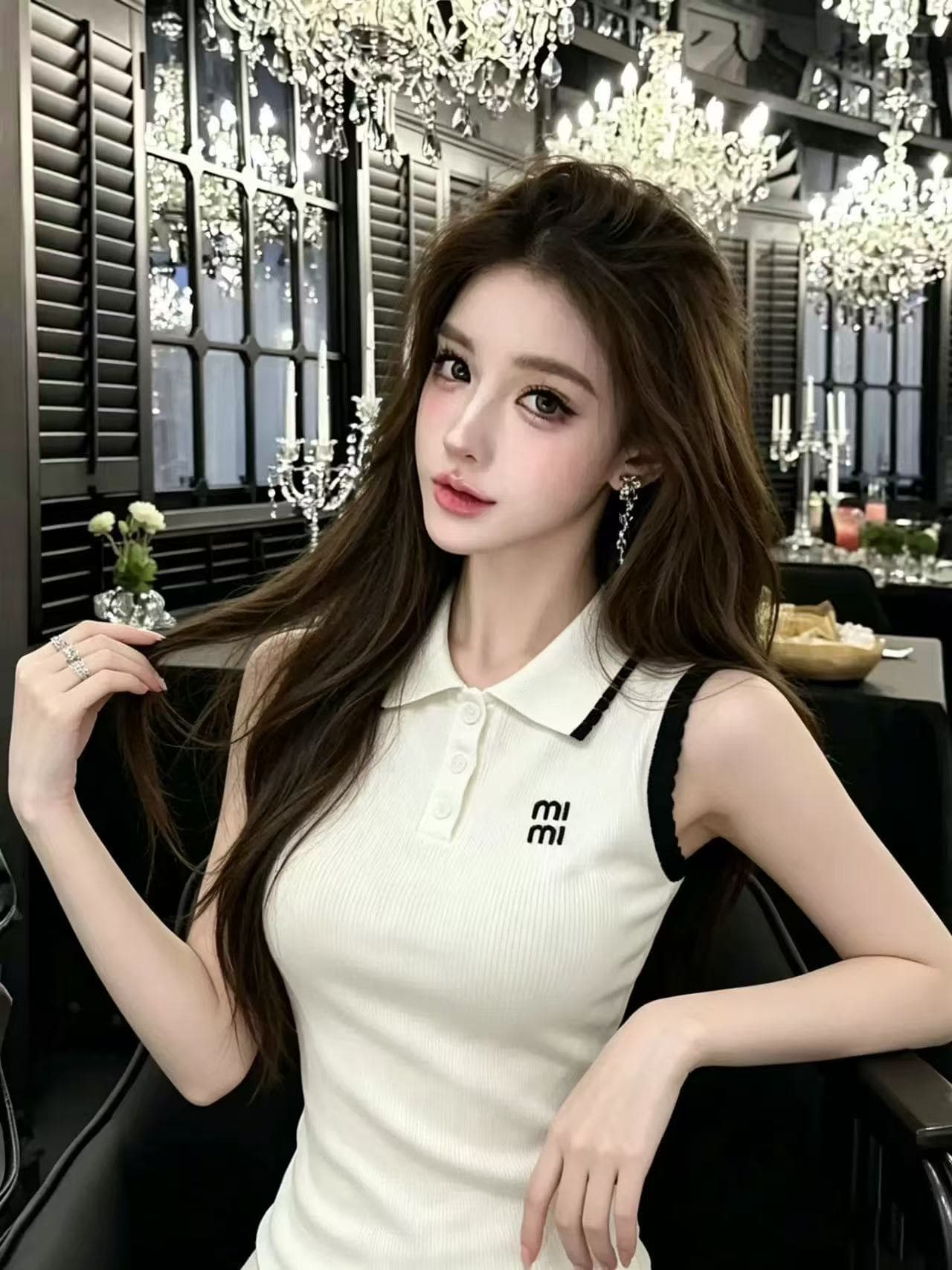 lym studio 한 부서 학원 스타일 POLO 칼라 민소매 티셔츠 여성 화이트 폴로 칼라 슬림해 보이는 다용도 맨위 상세 이미지 4