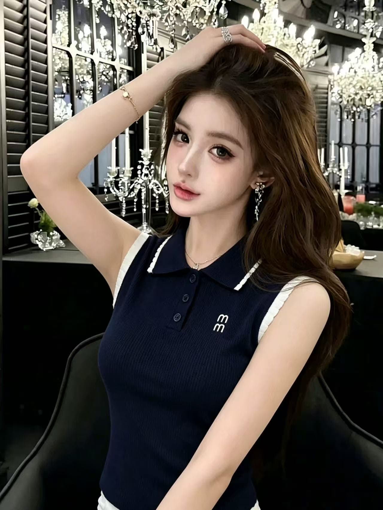 lym studio 한 부서 학원 스타일 POLO 칼라 민소매 티셔츠 여성 화이트 폴로 칼라 슬림해 보이는 다용도 맨위 상세 이미지 5