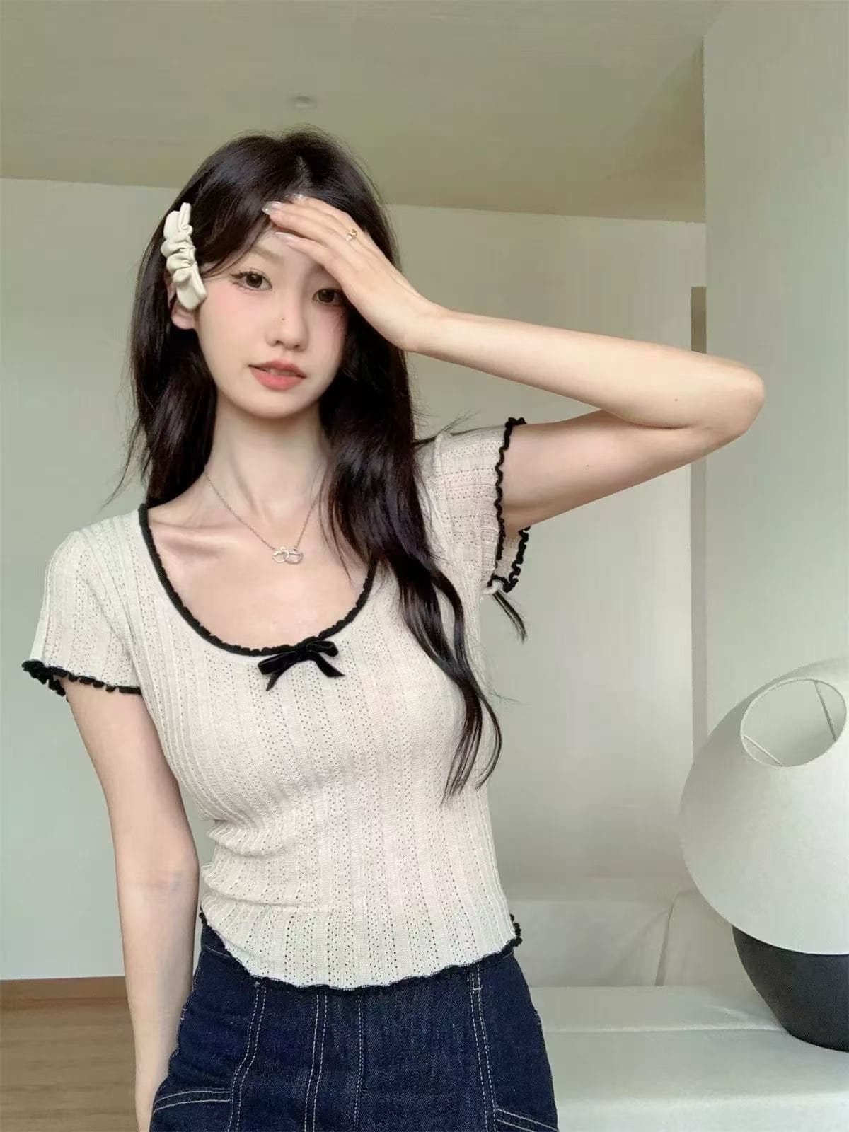 자이언트 잘 생긴 ~ 중 여름 반팔 티셔츠 여성 의류 고급 센스 슈퍼 잘 생긴 반소매 한 부서 아름다운 쇼트 스타일 작은 셔츠 맨위 상세 이미지 1