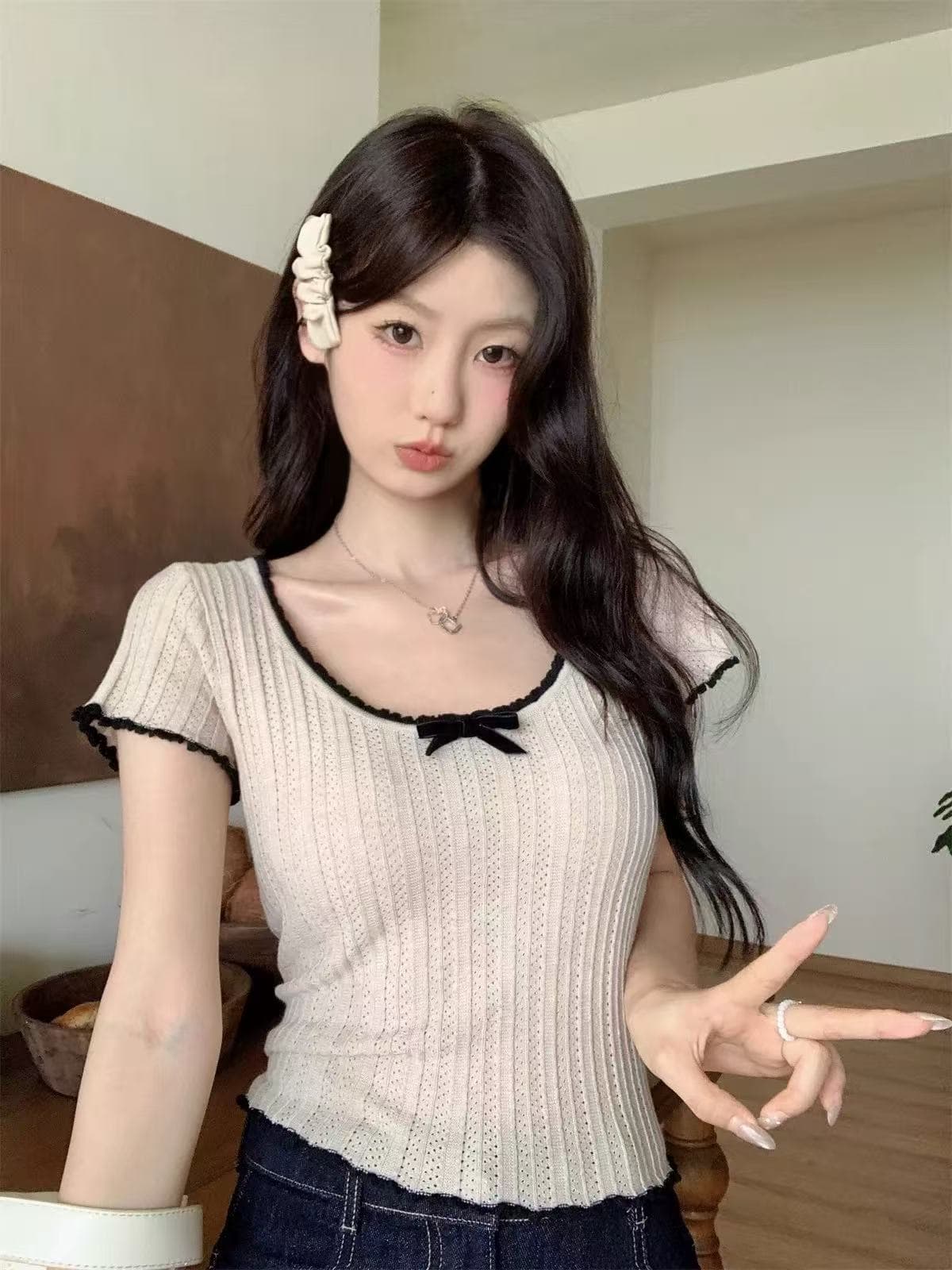 자이언트 잘 생긴 ~ 중 여름 반팔 티셔츠 여성 의류 고급 센스 슈퍼 잘 생긴 반소매 한 부서 아름다운 쇼트 스타일 작은 셔츠 맨위 상세 이미지 3
