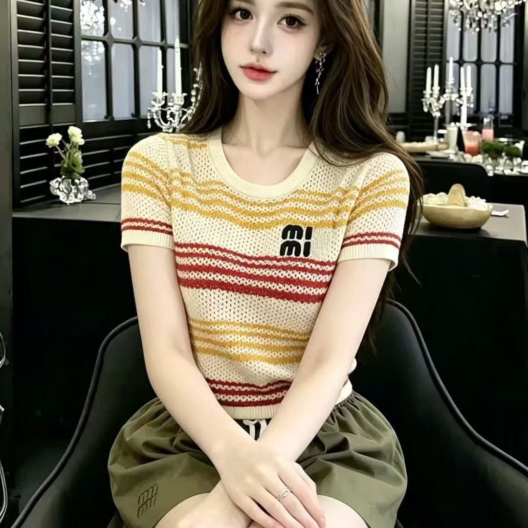 liheyu 한국 스타일 배색 스트라이프 라운드 넥 니트 스웨터 여성 여름 새로운 홀로우 아웃 알파벳 프린트 쇼트 스타일 맨위 이미지 5