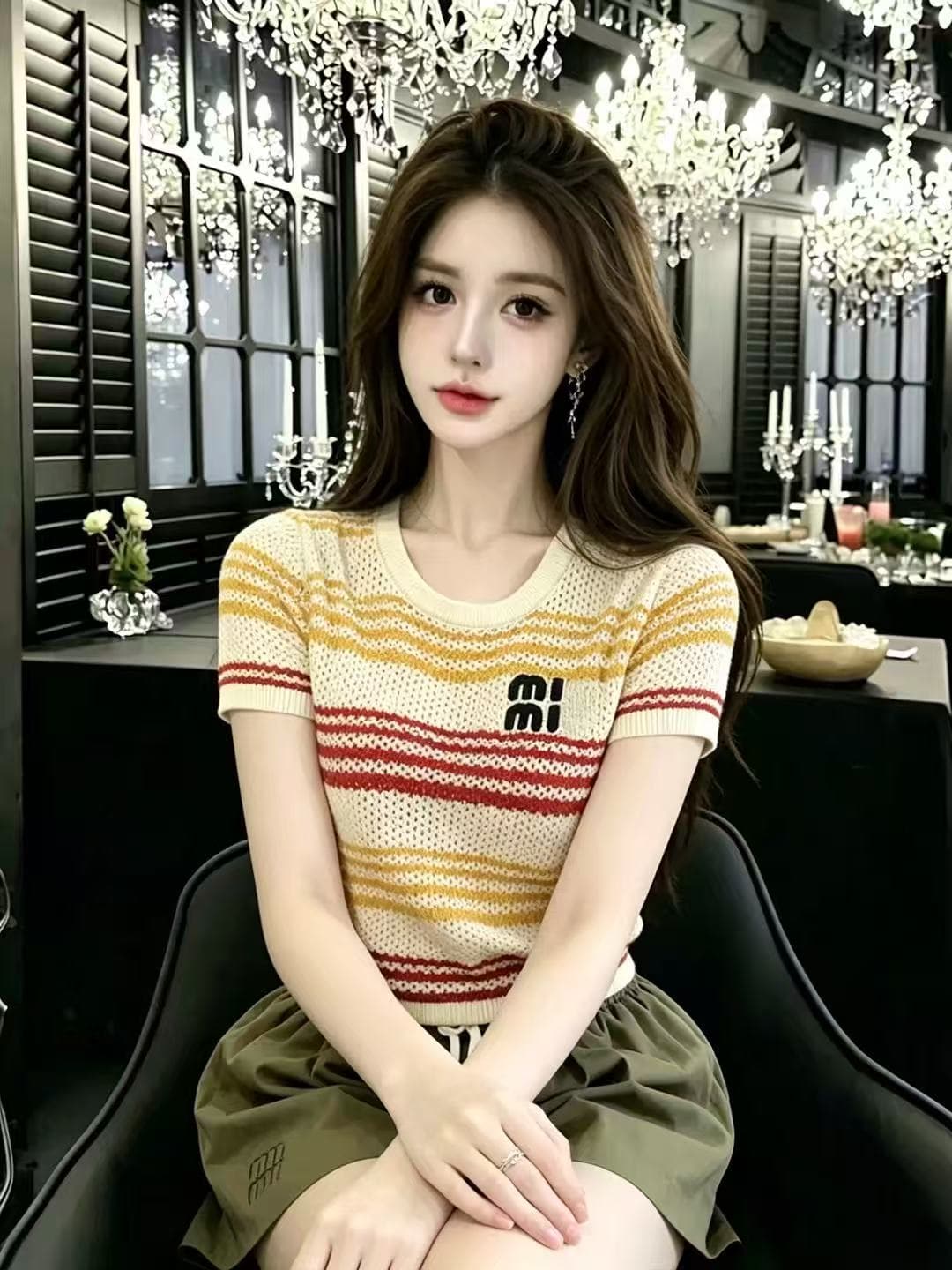 liheyu 한국 스타일 배색 스트라이프 라운드 넥 니트 스웨터 여성 여름 새로운 홀로우 아웃 알파벳 프린트 쇼트 스타일 맨위 상세 이미지 5