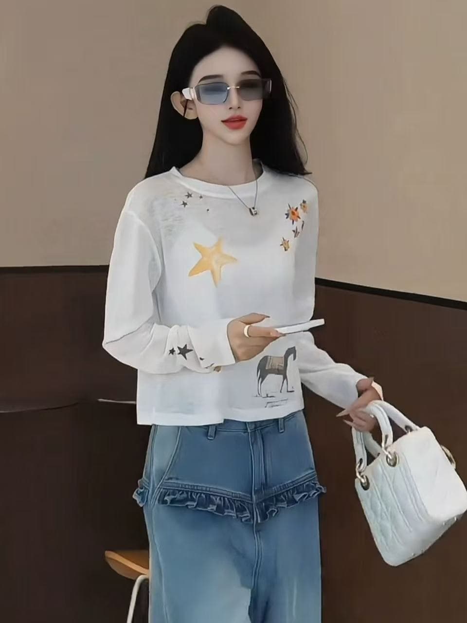 한 부서 패션 작은 말 프린트 자외선 차단 블라우스 맨위 여성 2026 여름 새로운 다용도 연령 감소 얇은 스타일 긴팔 티셔츠
