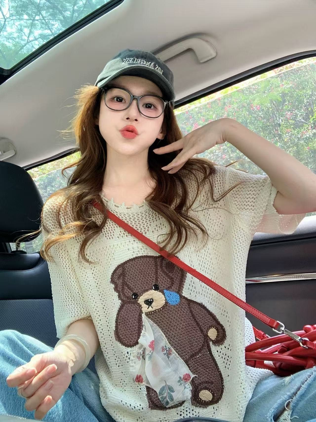 레트로 작은 곰 자수 니트 스웨터 여성 2026 새로운 여름 달콤함 연령 감소 루즈핏 다용도 반팔 맨위 ins 이미지 3