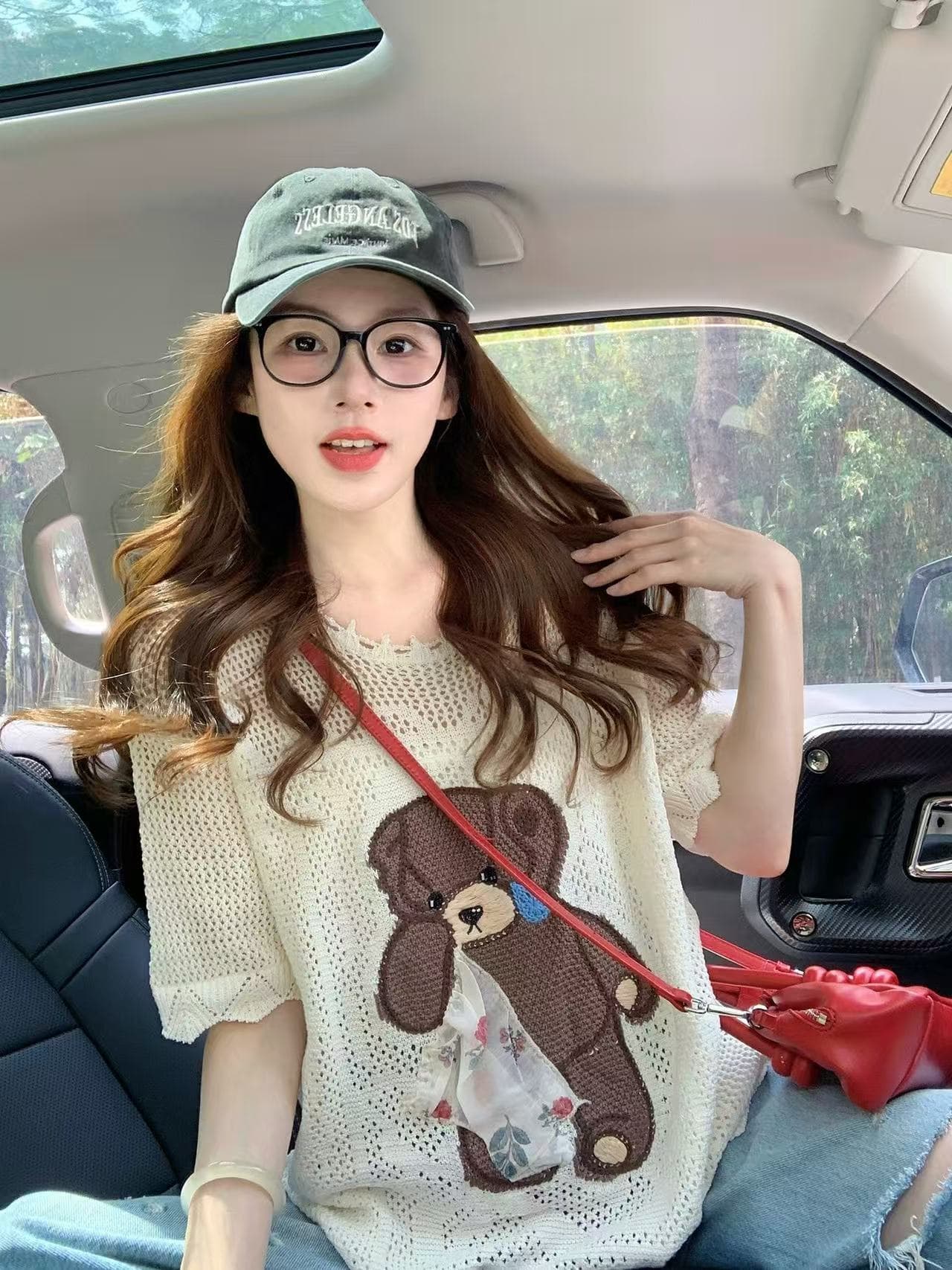 레트로 작은 곰 자수 니트 스웨터 여성 2026 새로운 여름 달콤함 연령 감소 루즈핏 다용도 반팔 맨위 ins 상세 이미지 5