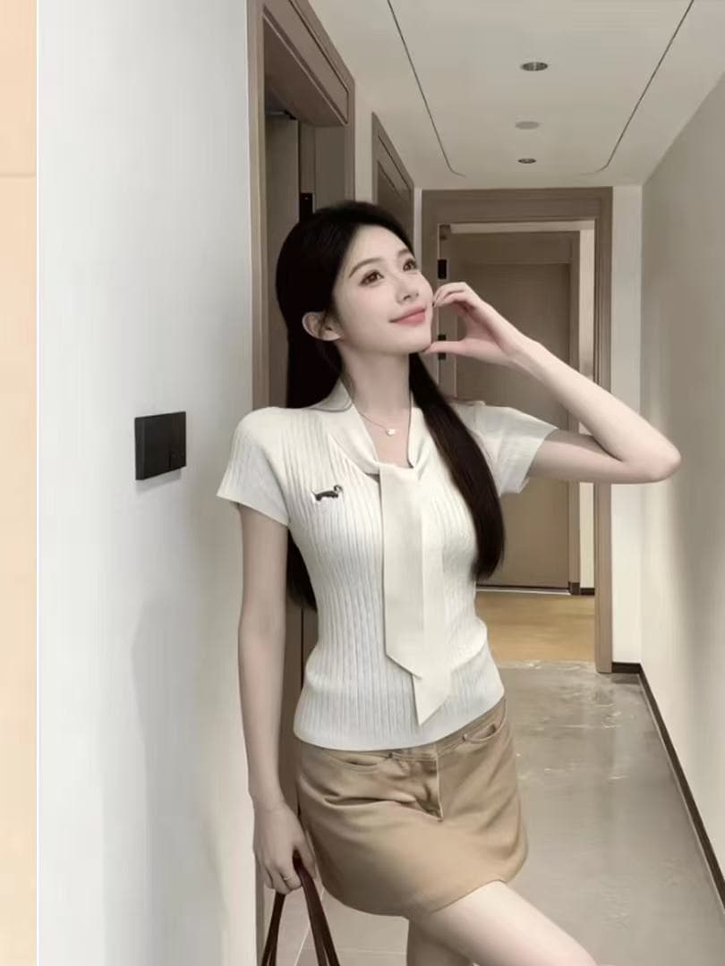 스카프 칼라 닥스 훈트 자수 니트 반팔 여성 여름 한 부서 쇼트 스타일 다용도 몸매 가꾸기 슬림해 보이는 티셔츠 맨위 nis 이미지 4