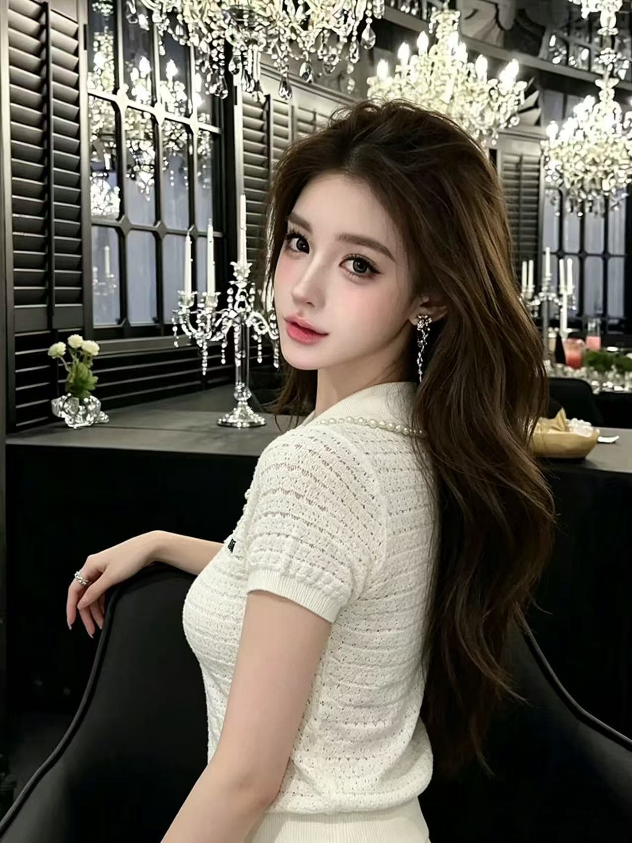 lym studio 작은 샤넬 스타일 무거운 작업 진주 칼라 홀로우 아웃 니트 POLO 셔츠 여성용 짧은 소매 품격 맨위 이미지 3