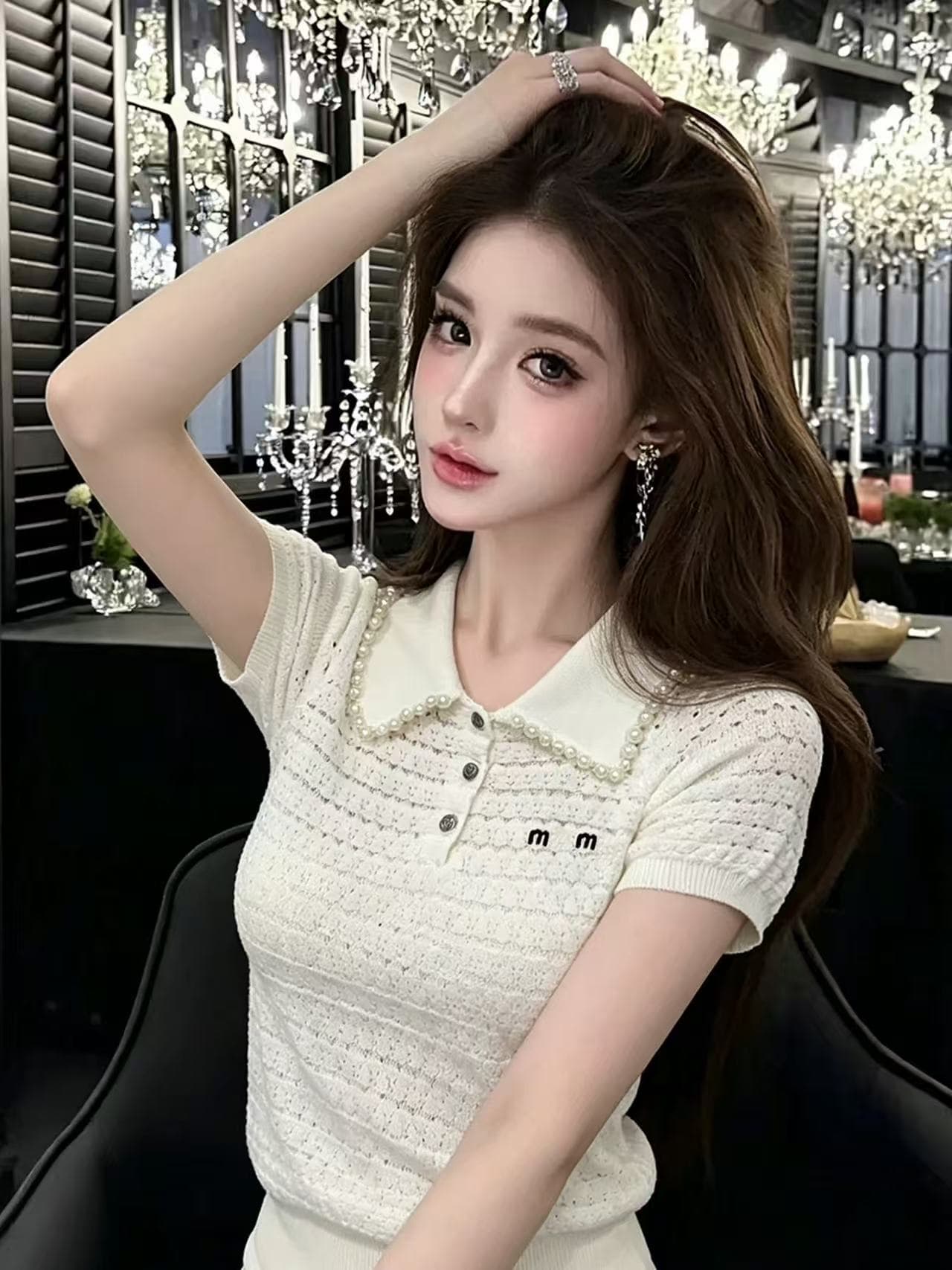 lym studio 작은 샤넬 스타일 무거운 작업 진주 칼라 홀로우 아웃 니트 POLO 셔츠 여성용 짧은 소매 품격 맨위 상세 이미지 1