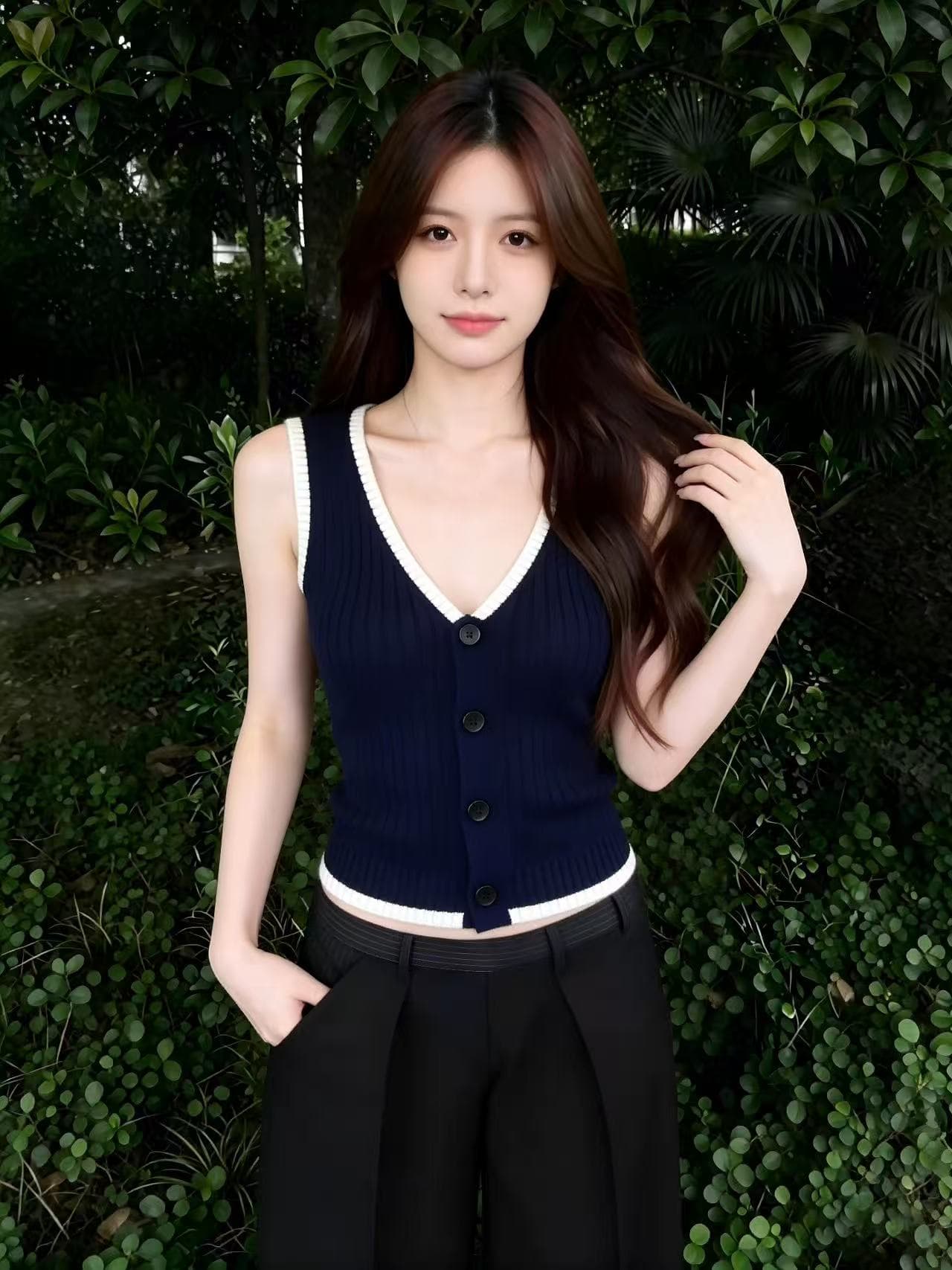 해군 배색 V넥 니트 캐미솔 2026 여름 새로운 아메리칸 핫걸 몸매 가꾸기 민소매 맨위 이미지 2