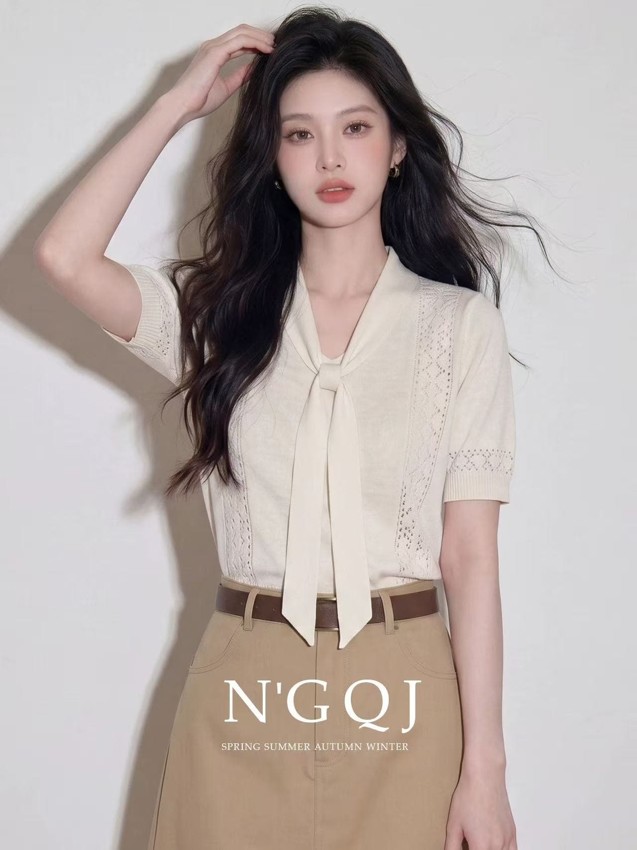 2026 여름 아름다운 착용 가져 가라. 높음 지혜 센스 미니멀리즘 레이스업 반팔 니트 티셔츠 여성 디자인 센스 패션 작은 맨위 이미지 4