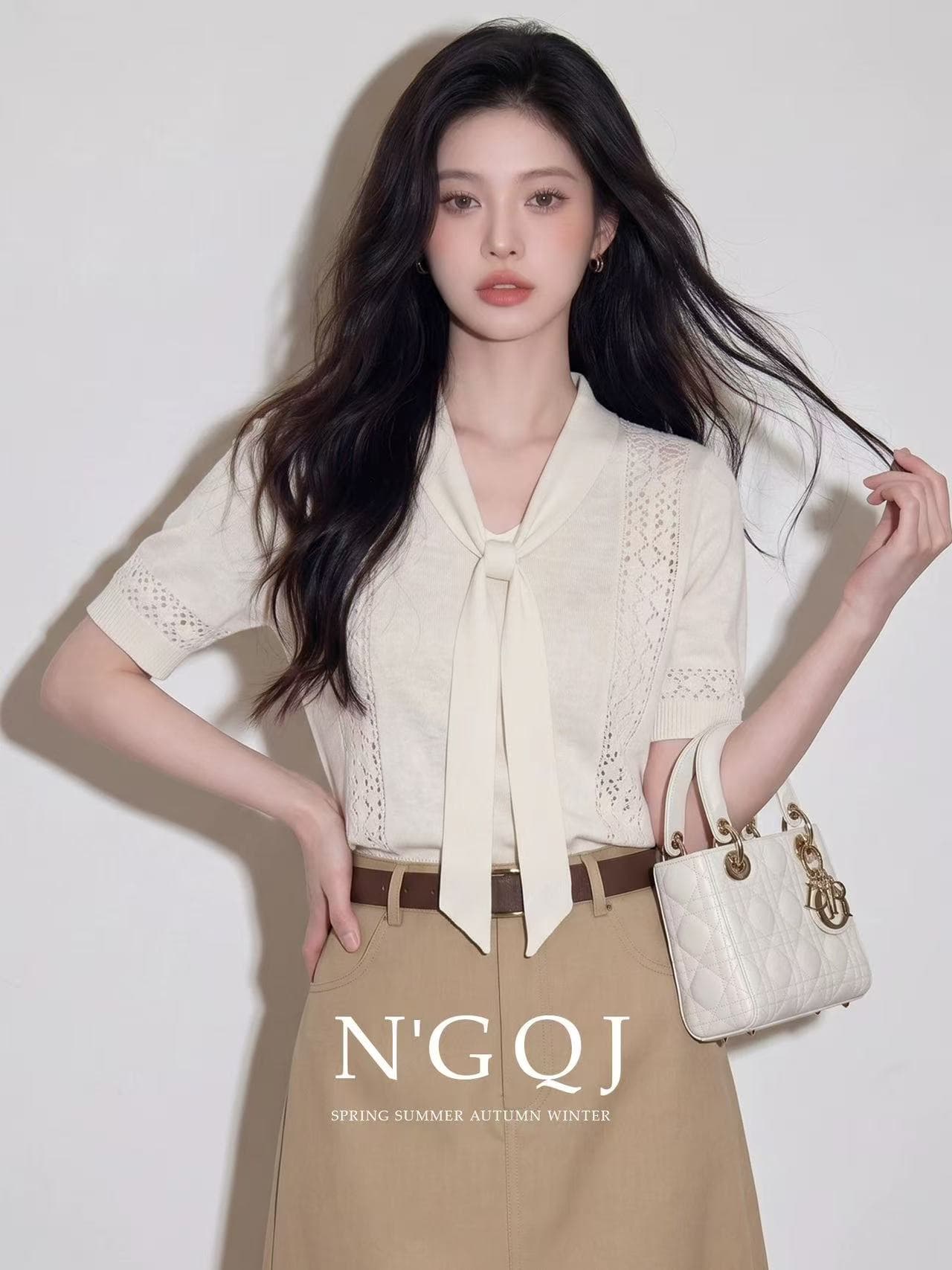 2026 여름 아름다운 착용 가져 가라. 높음 지혜 센스 미니멀리즘 레이스업 반팔 니트 티셔츠 여성 디자인 센스 패션 작은 맨위 이미지 2