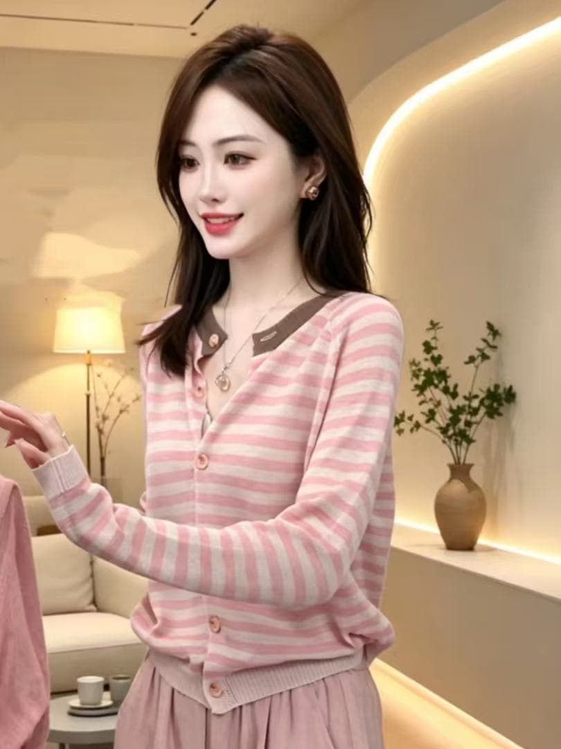 소녀 센스 패치워크 색상 자외선 차단 얇은 스타일 긴팔 니트 오픈 가디건 2026 여름 새로운 패션 연령 감소 디스플레이 화이트 다용도 작은 셔츠 상세 이미지 3