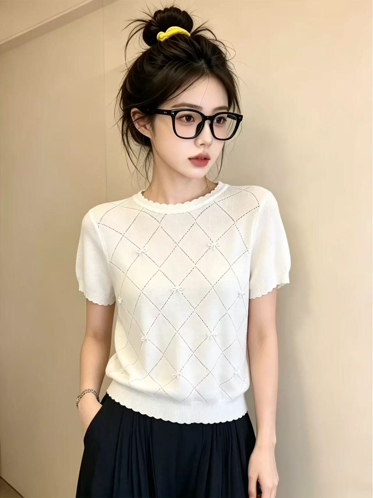 ziiy 세련된 연령 감소 착용 가져 가라. 링 그리드 나비 매듭 짧은 소매 위버 여름 루즈핏 슬림해 보이는 출퇴근 맨위 상세 이미지 5