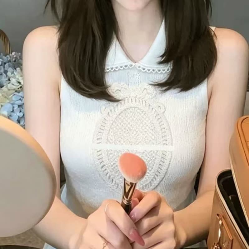 retroi studio 화이트 홀로우 아웃 폴로 칼라 민소매 니트 조끼 절묘한 바람 레이스 레이스 자카드 맨위 이미지 5