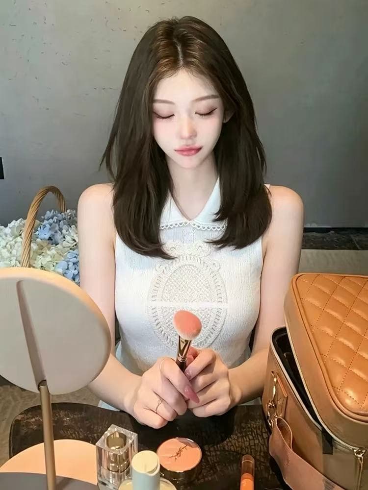 retroi studio 화이트 홀로우 아웃 폴로 칼라 민소매 니트 조끼 절묘한 바람 레이스 레이스 자카드 맨위 상세 이미지 3