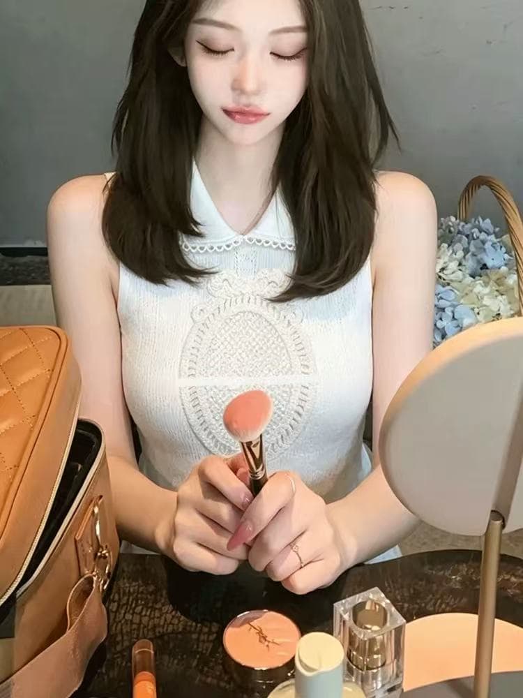 retroi studio 화이트 홀로우 아웃 폴로 칼라 민소매 니트 조끼 절묘한 바람 레이스 레이스 자카드 맨위 상세 이미지 4