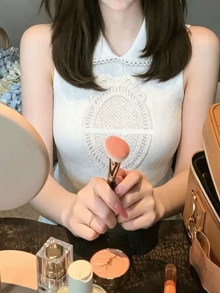 retroi studio 화이트 홀로우 아웃 폴로 칼라 민소매 니트 조끼 절묘한 바람 레이스 레이스 자카드 맨위 상세 이미지 5