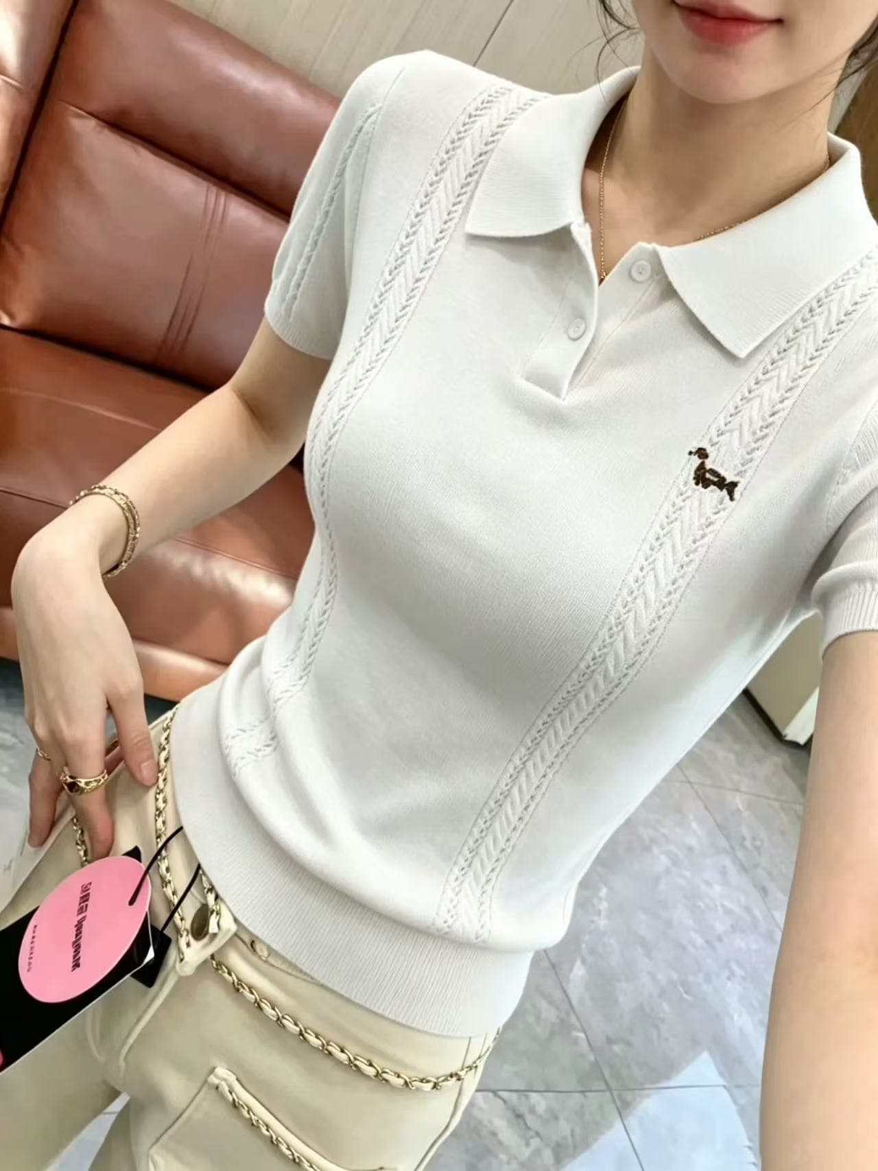 한 부서 파란색 자수 POLO 칼라 반팔 니트 스웨터 여성 여름 새로운 연령 감소 다용도 슈퍼 잘 생긴 슬림해 보이는 맨위 이미지 2