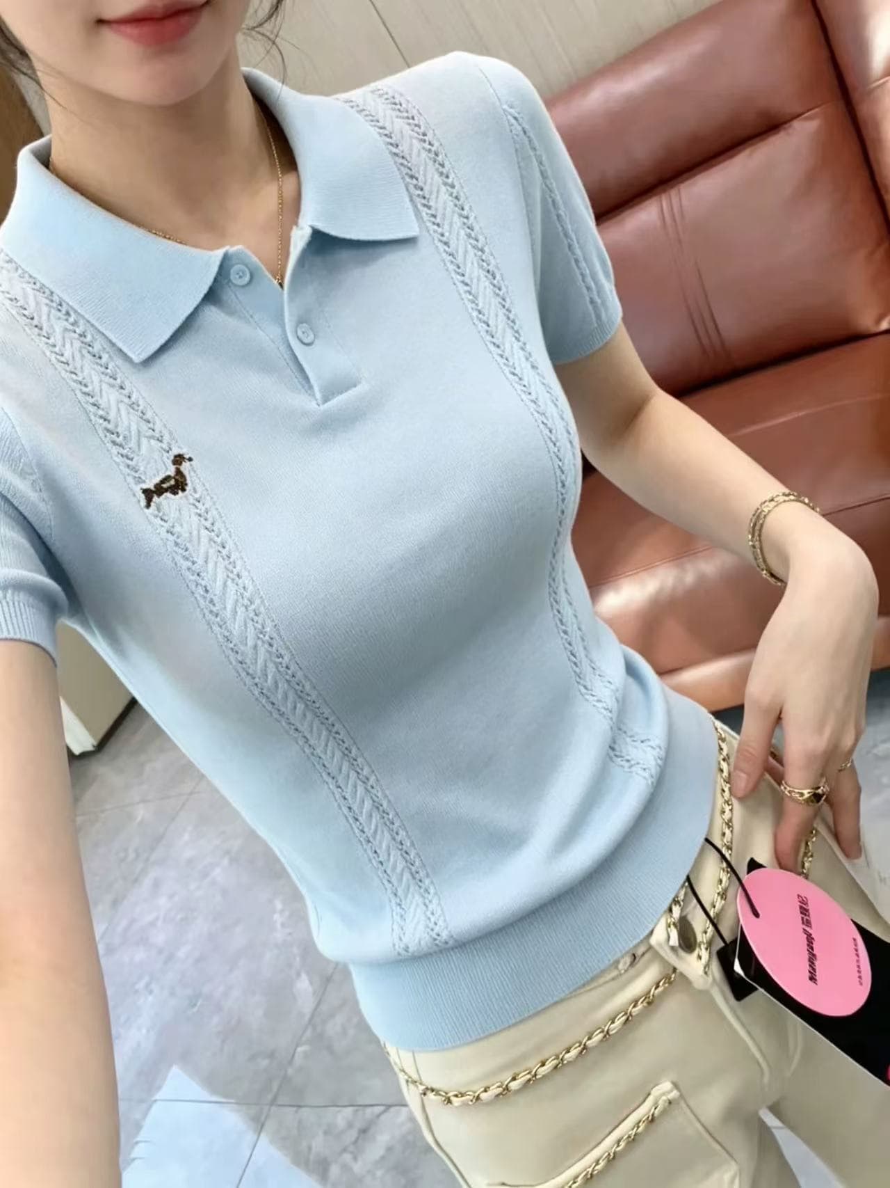 한 부서 파란색 자수 POLO 칼라 반팔 니트 스웨터 여성 여름 새로운 연령 감소 다용도 슈퍼 잘 생긴 슬림해 보이는 맨위 상세 이미지 3
