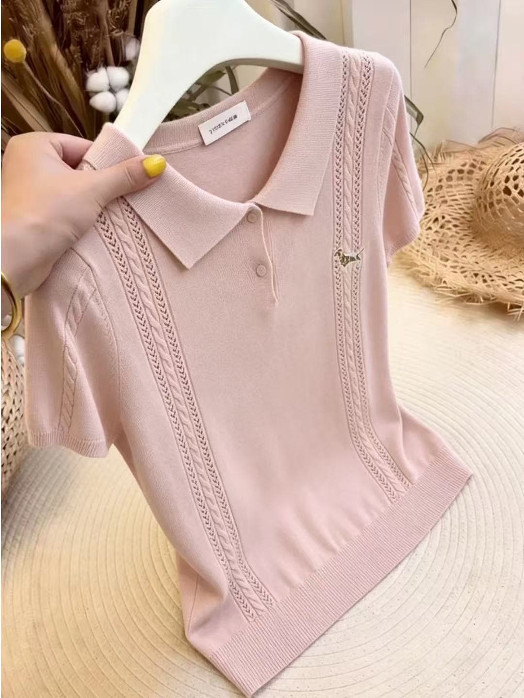 한 부서 파란색 자수 POLO 칼라 반팔 니트 스웨터 여성 여름 새로운 연령 감소 다용도 슈퍼 잘 생긴 슬림해 보이는 맨위 상세 이미지 4